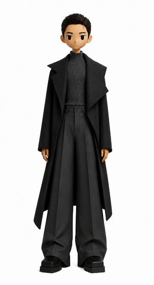 Matti character wearing a sculptural black coat, knit top, trousers, and shoes